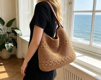 Crochet Hobo Bag, Slouchy Shoulder Bag for Women, Boho Knit Purse with Leather Strap, Everyday Crochet Handbag，Handmade Crochet Tote Bag