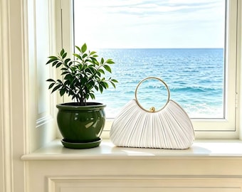 Bolso de mano metálico plisado con asa redonda dorada, bolso de noche elegante para bodas, fiestas, ocasiones formales / bolso formal minimalista para