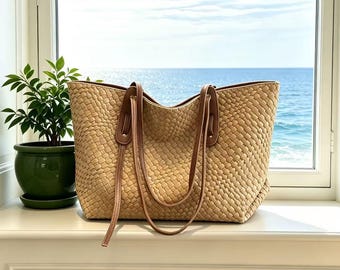Bolso tote de cuero tejido beige estilo casual chic, bolso de hombro de gran capacidad, bolso neutro para el día a día, bolso de oficina, bolso de cuero tejido a mano, bolso de mujer