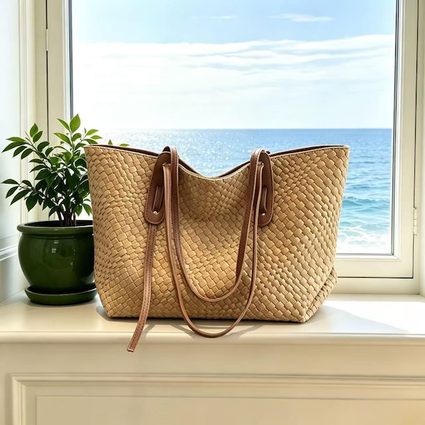 Casual Chic Beige Woven Leather Tote, Large Capacity Shoulder Bag, Neutral Everyday Work Bag，Office Bag，Hand Woven Leather Purse，Women's Bag