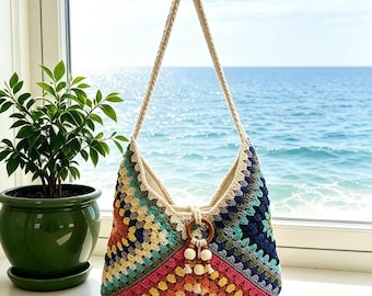 Bolso de hombro bohemio de algodón hecho a mano / Bolso de playa tejido, bolso artesanal para festivales, bolso extragrande, bolso de paja, bolso natural, bolso balinés, rafia, regalo