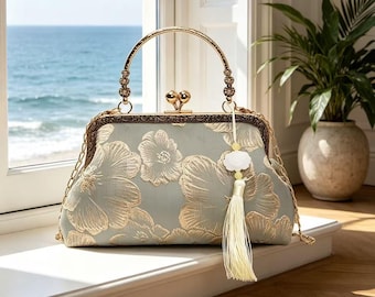 Bolso de mano vintage de seda con bordado floral - Elegante bolso bandolera cuadrado - Bolso de mano de brocado de seda de estilo retro chino - Elegante para fiestas y bodas