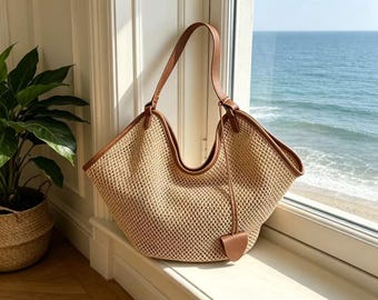 Straw Tote Bag Woven Shoulder Bag, Large Beach Handbag with Leather Trim, Openwork woven handbag, Elegant Raffia Woven Tote Bag，Gift For Her