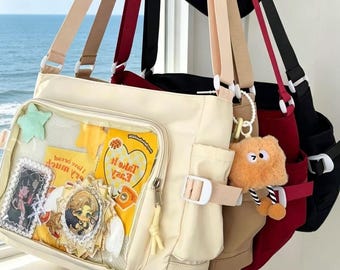 Bolso bandolera lta Bag con ventana transparente para alfileres, bolso cruzado de anime kawaii, mochila escolar estética Harajuku, correa ajustable DisplayBag