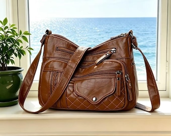 Bolso bandolera acolchado de piel con múltiples bolsillos, de inspiración artesanal – Bolsa de almacenamiento con múltiples cremalleras – Bolso de hombro suave y holgado para viajes y uso diario – Regalo para ella
