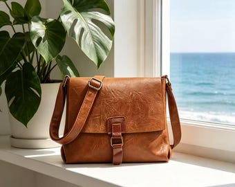 Bolso bandolera de piel vegana marrón, bolso de hombro para mujer, bolso de hombro de piel retro, regalo de San Valentín para ella.