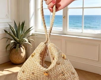 Bolso de mano triangular de paja para bodas, bolso de noche estilo boho con tachuelas doradas, bolso de rafia para fiestas de verano, bolso ligero de verano, regalo para ella