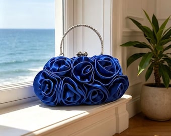 Elegante bolso de mano de noche de satén con estampado floral y asa de pedrería - Minaudière estructurada para bodas y fiestas, bolso de novia, regalo para damas de honor