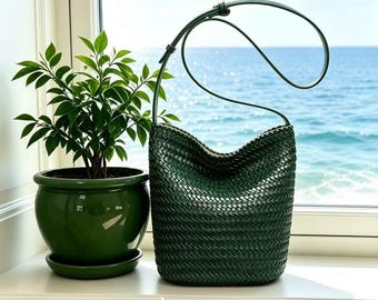 Bolso de hombro de cuero trenzado – Bolso estilo hobo elegante, bolso casual y de trabajo, bolso de mano de cuero duradero y a la moda, cesta para verduras, regalo para ella.