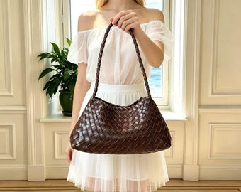 Bolso francés tejido a mano, bolso de piel sintética, cesta de verduras de mano, bolso de hombro, bolso de axila, bolso tote de piel tejido a mano, regalo de cumpleaños
