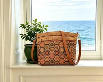 Cork Shoulder Bag, Vegan Natural Cork Pattern Handbag, Eco Friendly Leather Accents，Vegan Bag, Natural Materials, Eco Friendly Bag Her Gift