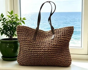 Bolso de paja de rafia de gran capacidad, bolso de playa tejido a mano con asas de cuero marrón, bolso de vacaciones neutro, bolso de paja hecho a mano, regalo para ella.