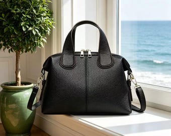 Bolso de mano de piel granulada hecho a mano - Bolso minimalista estilo maletín de médico con correa cruzada ajustable, bolso tote minimalista tipo domo, regalo para ella