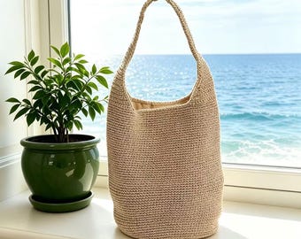 Bolso de hombro de rafia tejido a mano, bolso tote de paja natural, bolso hobo ecológico hecho a mano, bolso de playa de verano para mujer, bolso de paja de ganchillo, regalo para ella.