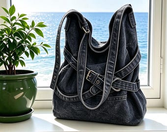 Vintage Washed Denim Hobo Bag, with Adjustable Buckle Strap, Slouchy Large Jean Shoulder Purse, Casual Everyday Crossbody Tote, Gift for Her