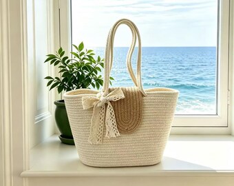 Handmade Straw Tote Bag, Minimalist Beige Summer Shoulder, Woven Beach Bag，Trendy Handmade Shoulder Bag，Casual Vacation Purse，Gift for Women