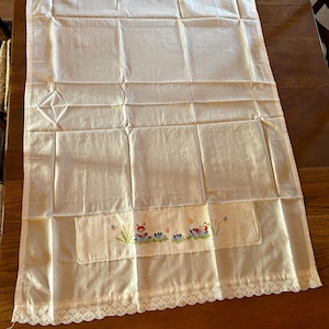 May include: White rectangular baby blanket with a decorative embroidered panel featuring a ladybug, flowers, and butterflies. The blanket has a lace trim along the bottom edge.