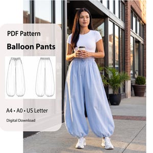 May include: A PDF pattern for balloon trousers featuring a digital download for A4, A0, and US Letter formats. The image displays a technical line drawing of the trousers alongside a person wearing light blue, loose-fitting balloon trousers with a drawstring.
