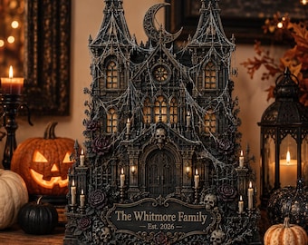 Personalized Halloween Haunted House Decor, Custom Family Name Wooden Block, Gothic Skull Mansion Gift