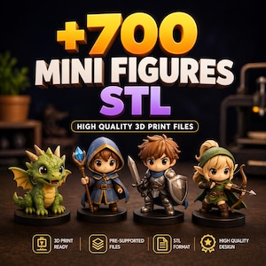 May include: Image features four miniature fantasy figures: a green dragon, a wizard in blue robes, a knight with a sword and shield, and an archer. The text reads "+700 MINI FIGURES STL" and "HIGH QUALITY 3D PRINT FILES".