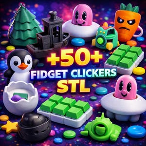 Puede incluir: Una colección de coloridos fidget clickers con formas variadas, incluyendo un pingüino, un barco, una zanahoria y un pulpo en un OVNI. La imagen presenta el texto "+50+ FIDGET CLICKERS STL" en amarillo y azul.