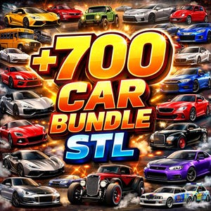 May include: A digital illustration showcasing a collection of various cars. The image prominently features the text "+700 CAR BUNDLE STL" in a vibrant, eye-catching design. The cars are in different colors and styles, including sports cars, a jeep, and a school bus.
