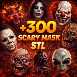 300 läskiga masker i STL-format – Skräckmask 3D-utskriftsfiler, Halloween-cosplaymasker, högdetaljiga STL-filer, omedelbar nedladdning