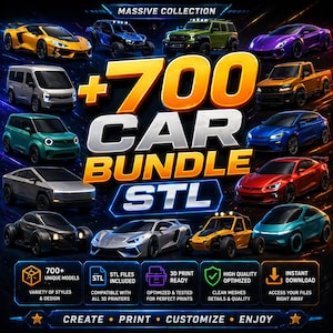 May include: A digital graphic showcasing a collection of car models. The image features a variety of vehicles in different colors, including sports cars, trucks, and SUVs. Text overlay reads "+700 CAR BUNDLE STL" with additional details about the product.