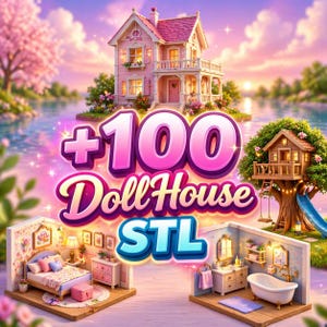 Puede incluir: Ilustración digital de una casa de muñecas rosa en una isla, con una casa en el árbol y habitaciones en miniatura. La imagen presenta el texto "+100 Doll House STL" en un diseño vibrante y colorido, sugiriendo una colección de diseños digitales de casas de muñecas.