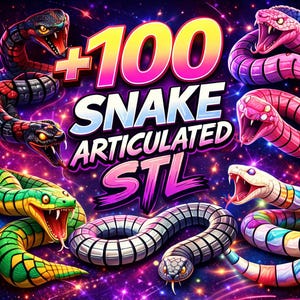 May include: A vibrant digital illustration featuring multiple colorful snakes with open mouths, set against a starry purple background. The text reads "+100 SNAKE ARTICULATED STL" in bold, eye-catching fonts.