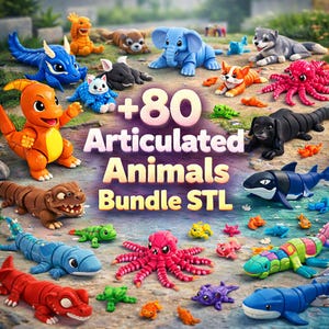 May include: A collection of colorful, articulated animal figures, including a blue dragon, orange dinosaur, and pink octopus. The image features the text "+80 Articulated Animals Bundle STL". The figures are arranged on a textured surface.