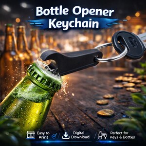Peut inclure: Un décapsuleur noir en porte-clés ouvre une bouteille de bière verte. Le texte "Bottle Opener Keychain" est en haut de l'image. Le porte-clés est attaché à une clé. L'arrière-plan est flou avec d'autres bouteilles de bière.