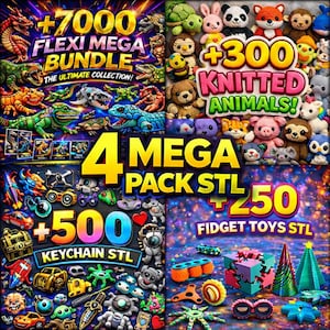 Puede incluir: Un gráfico vibrante que presenta varios modelos 3D. La imagen se divide en cuatro secciones, mostrando un "Flexi Mega Bundle" con dinosaurios, "Animales de punto", "Keychain STL" y "Fidget Toys STL". Cada sección destaca el número de artículos incluidos.