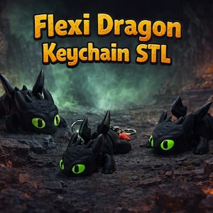 May include: Three black dragon keychains with bright green eyes and orange accents are displayed. The text "Flexi Dragon Keychain STL" is in the top center. The dragons are on a rocky surface with a dark, smoky background.