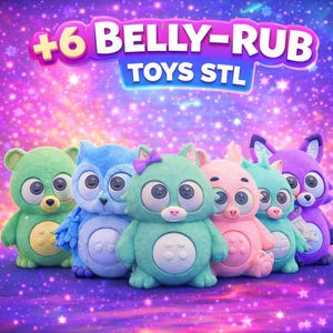 Puede incluir: Una colección de seis peluches de varios colores, incluyendo verde, azul, rosa y morado. Cada juguete tiene ojos grandes y expresivos y un diseño animal único. Los juguetes están dispuestos en fila sobre un fondo brillante y colorido. El texto superior dice "+6 BELLY-RUB TOYS STL."