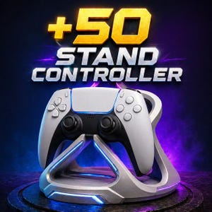 May include: A white and black game controller resting on a silver stand with blue LED lights. The stand has a futuristic design. The text "+50 STAND CONTROLLER" is displayed in gold and silver above the controller.