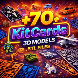 Puede incluir: Una imagen vibrante que muestra varias tarjetas de kits de modelos 3D. La imagen presenta una variedad de vehículos en miniatura, criaturas y un biplano. El texto en la tarjeta dice "+70 Kit Cards 3D Models STL Files". El fondo es un espacio oscuro y estrellado.