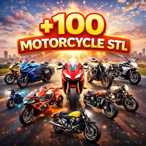 Puede incluir: Una colección de varias motocicletas en diferentes colores, incluyendo rojo, azul, amarillo y negro, se muestra en una carretera. La imagen presenta el texto "+100 MOTORCYCLE STL" en una pancarta en la parte superior, sobre un fondo de puesta de sol.