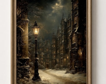Snowy Gas Lamp Street Wall Art, Vintage Winter City Print, Dark Academia Decor