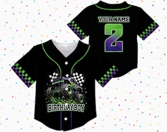 Custom Monster Truck Birthday Boy Baseball Jersey, Personalized Kids Racing Shirt with Name and Number, 2nd Birthday Outfit, Boys Apparel