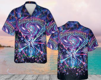 Electric Forest Music Festival Hawaiian Shirt, Psychedelic Rave Outfit, Trippy Mushroom Button Down, EDM Festival Wear, Cosmic Neon Shirt