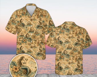 Antique Map Hawaiian Shirt with Mermaids, Nautical Compass Aloha Shirt, Vintage Sailing Ship Top, Ocean Themed Summer Shirt, Unisex Beach