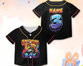 Camiseta de béisbol infantil personalizada con dinosaurio y camión monstruo, camiseta de cumpleaños para niño con nombre y edad personalizados, regalo de cumpleaños para niños pequeños, camiseta de T-Rex