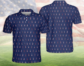 Polo con estampado de bolsa de golf con la bandera estadounidense, camisa de golf patriótica de EE. UU. para hombres, mujeres y niños, camiseta de golf azul marino con estampado integral de bolsa de golf.