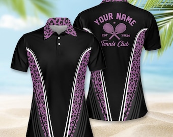 Personalized Tennis Polo Shirt with Name, Animal Print Tennis Club Apparel, Custom Tennis Racket Shirt, Unisex Athletic Polo, Tennis Gift