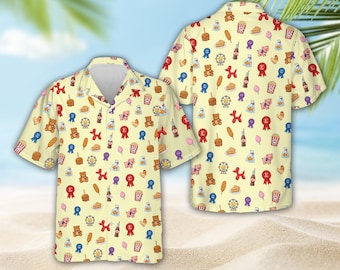 Popcorn and Corn Dog Hawaiian Shirt, Amusement Park Outfit, Cute Carnival Pattern Shirt, Kids and Adult Summer Button Up
