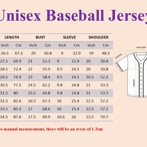 Puede incluir: Tabla de tallas para una camiseta de b&eacute;isbol unisex. Medidas en pulgadas y cent&iacute;metros, de la XS a la 5XL, con largo, busto, manga y hombro. Tambi&eacute;n se incluye un diagrama de la camiseta.