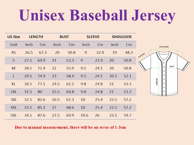 Puede incluir: Tabla de tallas para una camiseta de b&eacute;isbol unisex. Medidas en pulgadas y cent&iacute;metros, de la XS a la 5XL, con largo, busto, manga y hombro. Tambi&eacute;n se incluye un diagrama de la camiseta.
