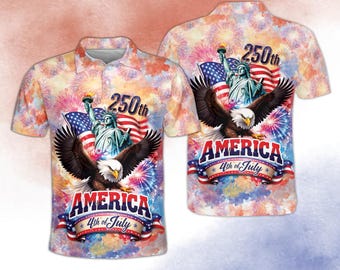 250th Anniversary America Polo Shirt, 4th of July Bald Eagle Statue of Liberty Tee, Patriotic USA Flag Fireworks Polo for Men Women Kids