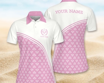 Personalized Tennis Polo Shirt Custom Name Tennis Gift for Men Women Unisex Sportswear Pink Tennis Racket Pattern Athletic Team Jersey